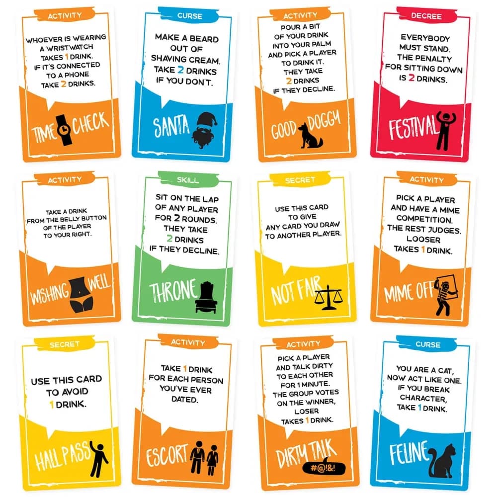 A dozen Close & Personal cards fanned out showing the six colour-coded types