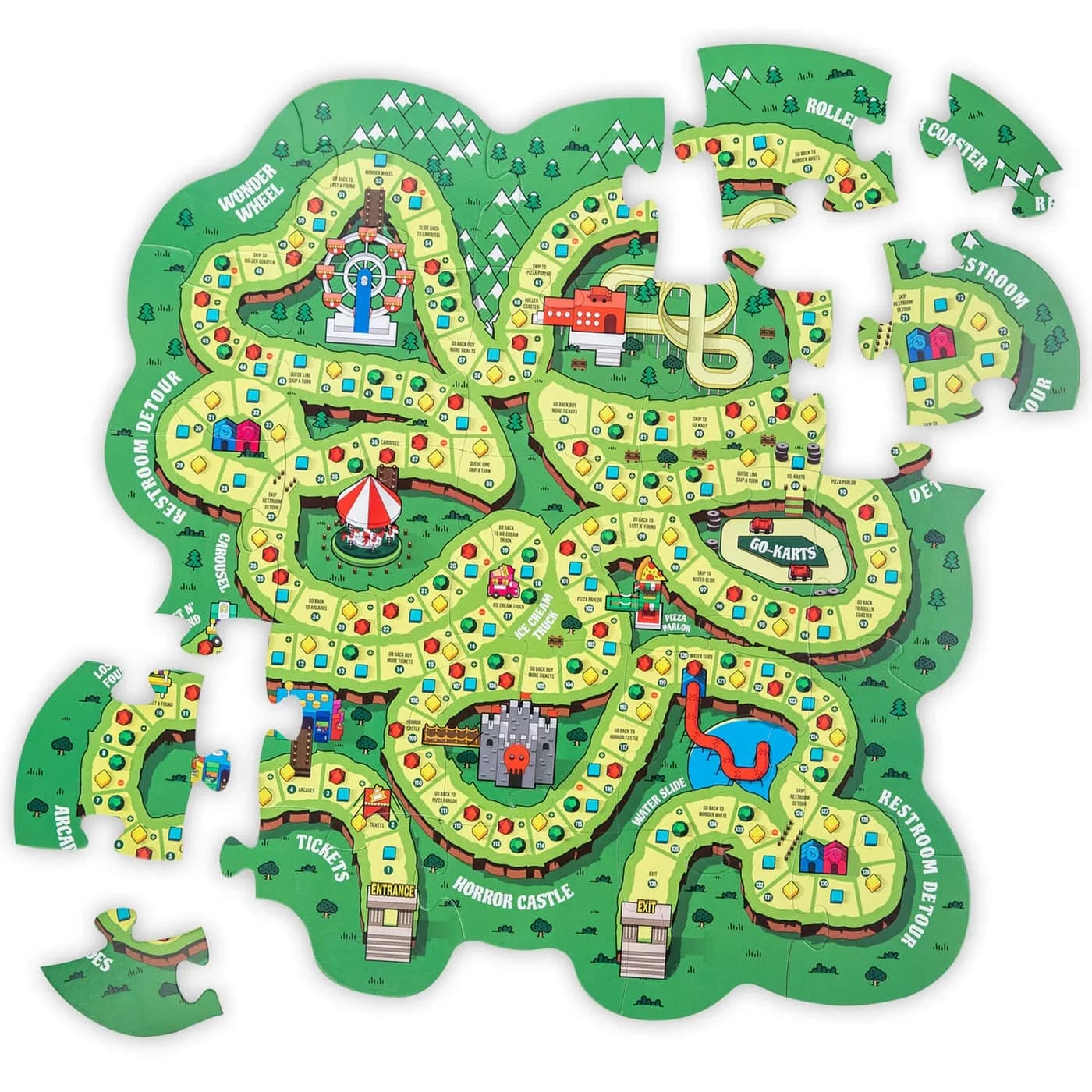 The Parculus board game laid out with its colourful trail and pieces