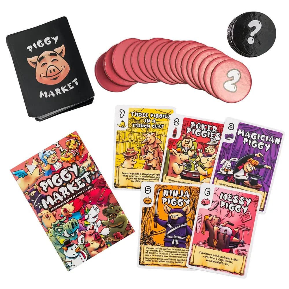 An assortment of party card games laid out on a table