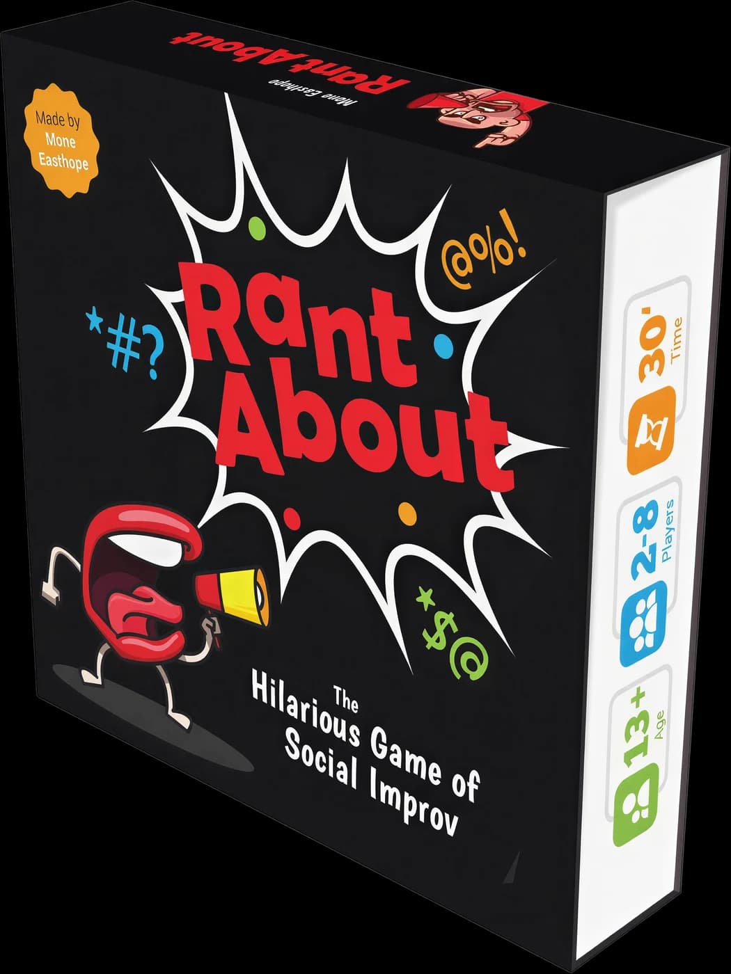 Rant About board game box — a comic burst on black