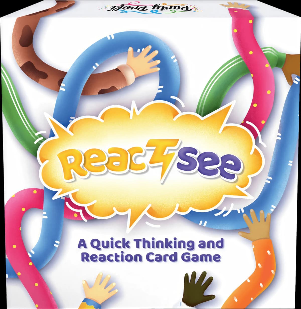 ReactSee card game box, tangled colorful arms reaching for cards