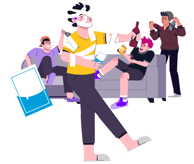Illustration: a player mid-round, mummified in toilet paper while the table laughs